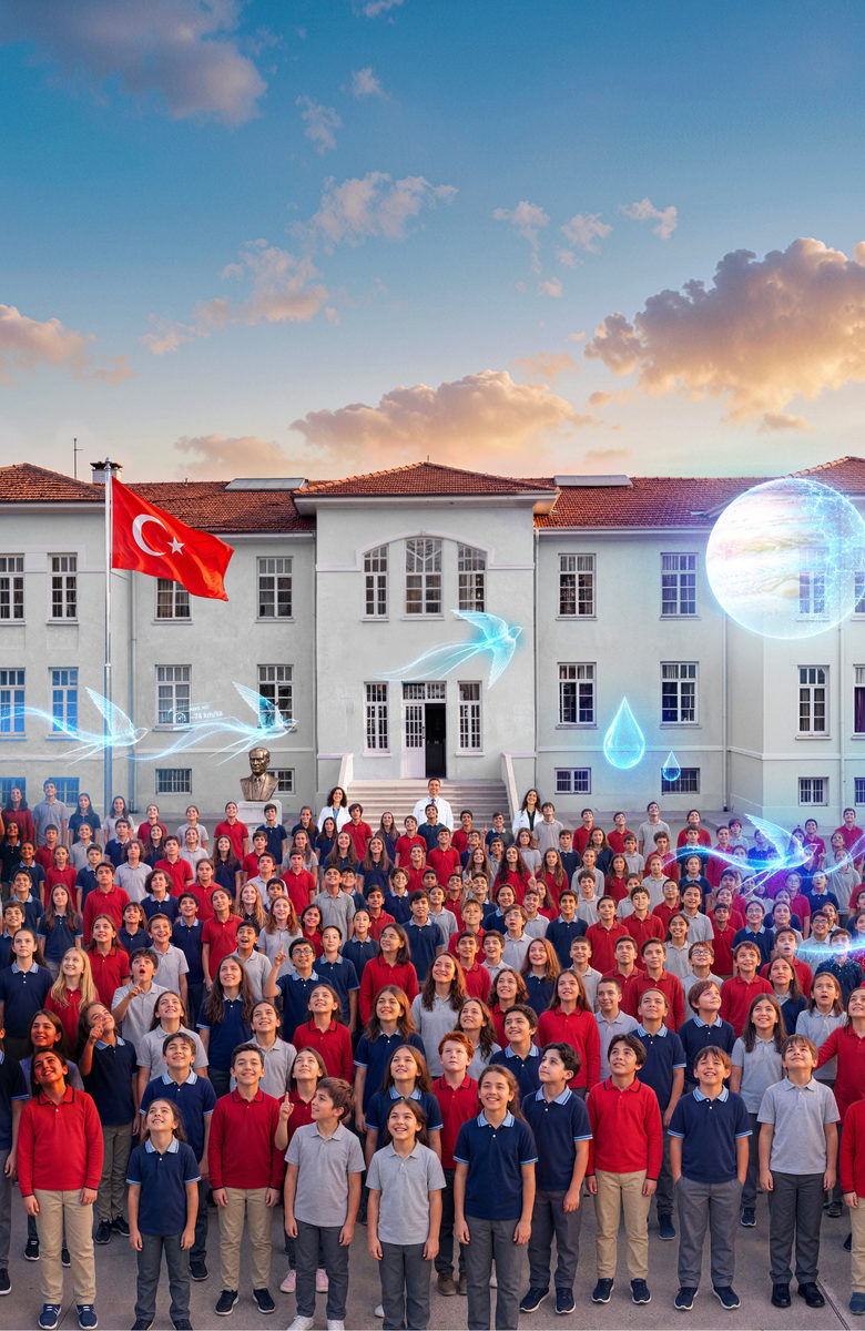 Okul bahçesinde toplanmış öğrenciler ve öğretmenler